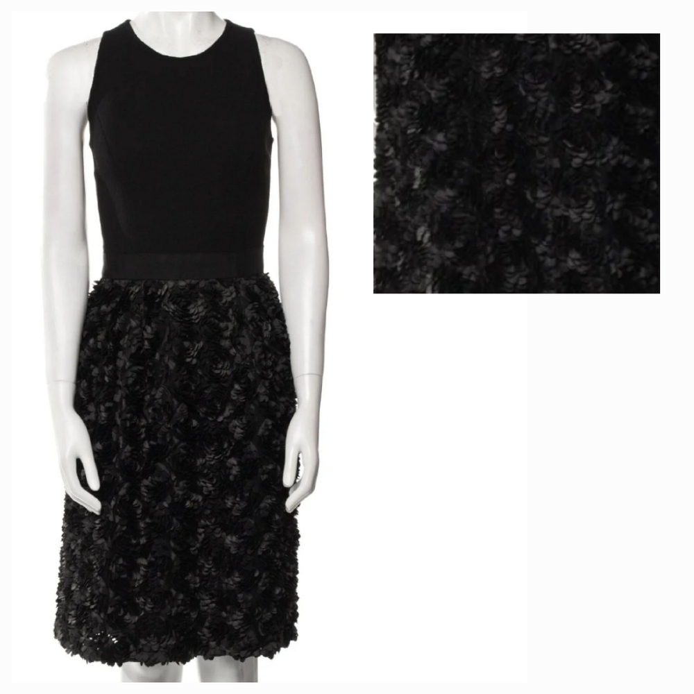 CARMEN MARC VALVO Black Sleeveless A-Line Textured Floral Bottom Dress 6.
